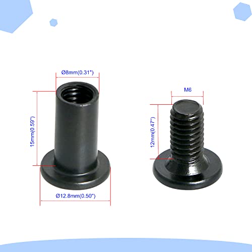 Aopin Scrapbook Photo Albums Screw Post Fit for 5/16"(8mm) Hole Dia, Male M6x12mm Belt Buckle Binding Bolts for Binding Leather Saddles Purses Belt Repair Carbon Steel Spraying, Black, 10 Sets