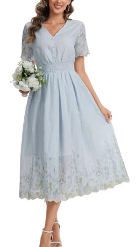 Image of Kormei Women Casual Boho V Neck 3 /4 Sleeve Smocked Waist A Line Flowy Swing Midi Dress Smocked Long Dress