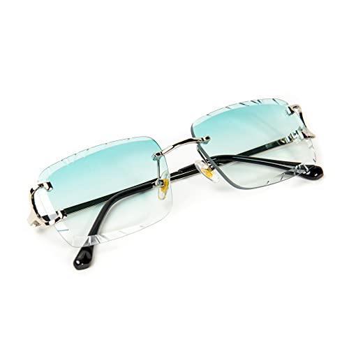 Street Knitted Rimless Luxury 90's Hip Hop Square Gem Cut Summer Beach Sun Glasses Retro Turquoise Tint Shades Silver Wire Frame Rectangular Diamond Cut Lens Frameless Sunglasses For Men Women3