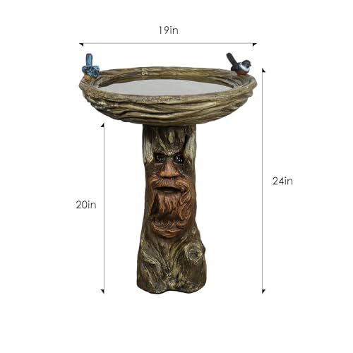 Image of SunJet 24 inch High x 19 inch Diameter Outdoor Bird Bath with Tree Face Pedestal - Fibre Reinforced Concrete Birdbaths with Decorative Birds for Garden, Patio, Yard, Lawn Decor