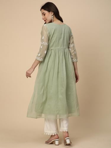 Image of RATAN Women's Muga Cotton Flared Lucknowi Chikankari Ethnic Wear Kurta