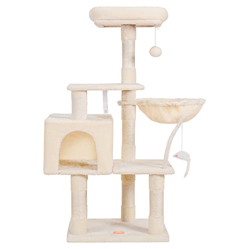 Image of Heybly Cat Tree with Toy, 43.3 inch Cat Tower for Indoor Cats HCT004M | Cat Condo with Durable Sisal Scratching Posts, Cat House with Padded Plush Perch, Cozy Hammock, Beige