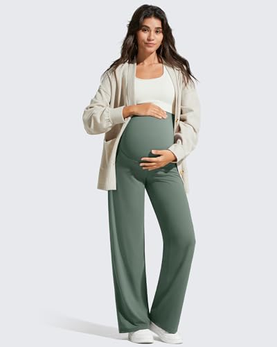 Image of G4Free BareFeel Maternity Pants Over the Belly Pregnancy Trousers for Work | High Waist Coverage,Two Side Pockets,Wide Leg Design,Soft Knit Fabric,for Dress Casual Yoga