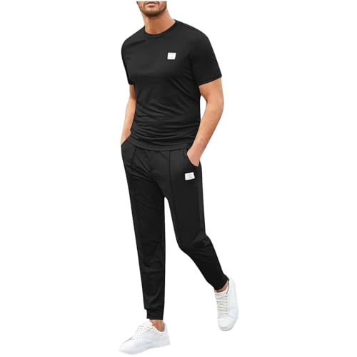 Men's Sport 2 Piece Outfits Summer Tracksuits Set Casual Short Sleeve Stretch Shirt and Elastic Waist Jogger Sweatsuit
