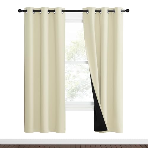Image of NICETOWN Living Room Completely Shaded Draperies, Privacy Protection & Noise Reducing Ring Top Drapes, Black Lined Insulated Window Treatment Curtain Panels (Beige, 2 Pieces, W37 x L70)