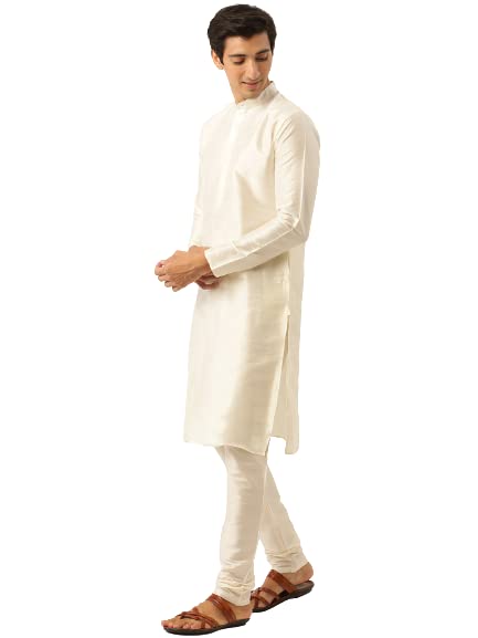 Image of SOJANYA (Since 1958 Men's Silk Blend Off White Kurta Pyjama & Maroon Self Design Nehru Jacket Combo