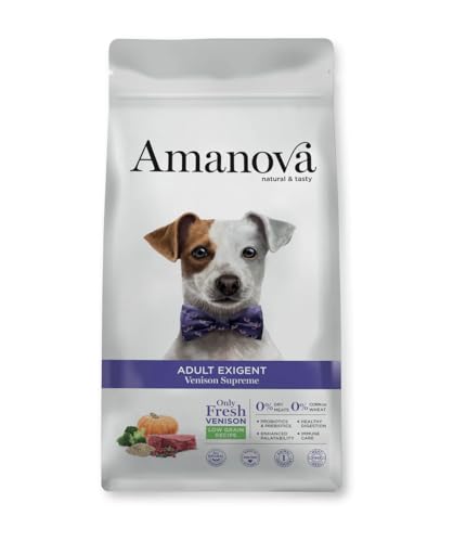 Amanova Cibo Secco per Cani Adult Exigent, Cervo Supreme, Low Grain, 2kg, con Probiotici e Prebiotici