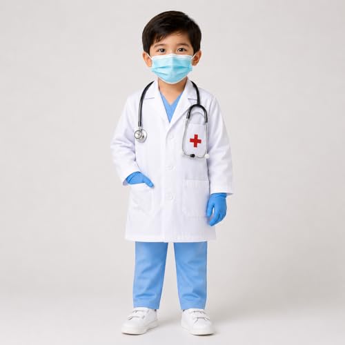 Image of Doctor Dress for Kids with White Coat, Lab Coat Outfit for Children, Medical Role Play Costume for Fancy Dress Competition, School Annual Function, Career Day Events