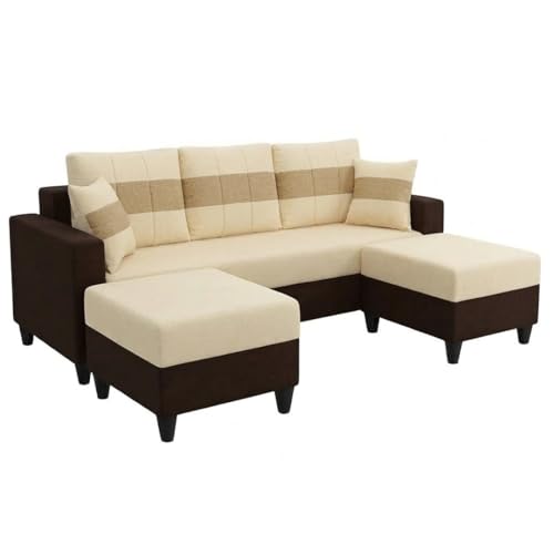 Image of Cavona 5 Seater L Shape Sofa Set with 2 Movable Ottomans | Flexible Layout | Luxury Velvet Suede Fabric | Modern Living Room Sofa | Dark Brown-Cream-Beige