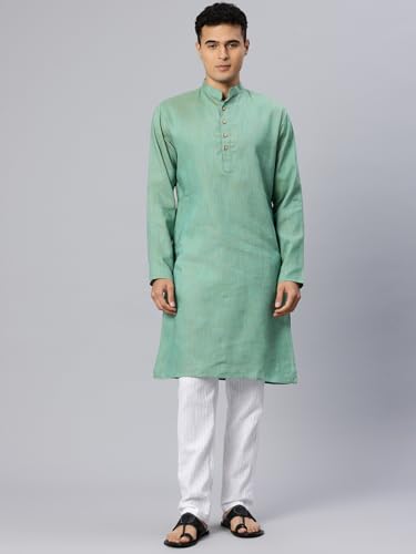 Image of Majestic Man Men's Cotton Regular Fit Traditional Mandarin Collar Ethnic Motifs Solid Long Kurta