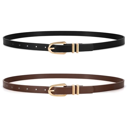 2 Pack Plus Size Women's Skinny Genuine Leather Belts with Gold Buckle for Jeans and Dresses