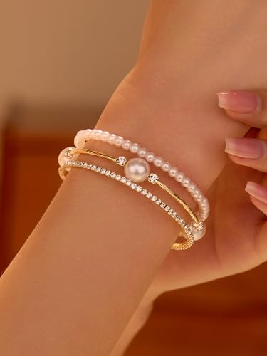1PC Gold Layered Bangle Bracelet Set for Women, Elegant and Creative Faux Pearl Rhinestone Encrusted Bangle Bracelet for Women - Fashion Party Accessory