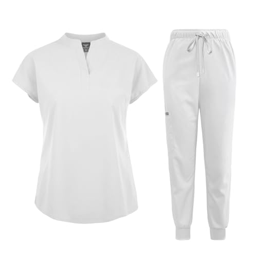 niaahinn Scrubs Set for Women Nurse Uniform Jogger Suit Stretch Top & Pants with Multi Pocket for Nurse Esthetician Workwear (White Medium)