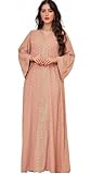Boedaty Women Muslim Abaya Dresses V Neck Kaftan Islamic Prayer Robe Embroidered Bronzing Dress Full Length One-Piece Dress Pink