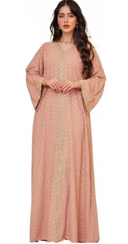 Boedaty Muslim Abaya Dresses for Women V Neck Kaftan Islamic Prayer Robe Embroidered Bronzing Dress Holiday Evening Dress