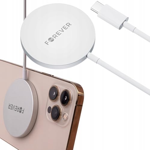 FOREVER Kabelloses Ladegerät, Induktives Ladegerät, 15W, Rund, Dünn, Diskret, Universal, 1m Kabel inklusive, Kompatibel mit verschiedenen Smartphone-Marken, die über drahtloses Laden verfügen, weiß