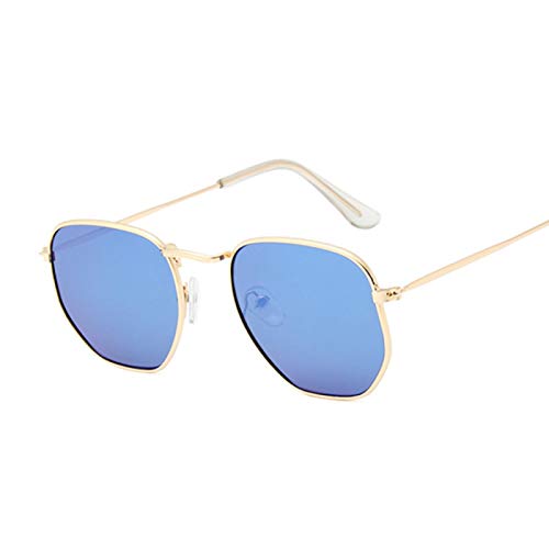 YFZCLYZAXET Gafas De Sol Gafas De Sol Hexagonales para Hombre Lentes Planos Clásicos Gafas De Sol Transparentes para Hombre Y Mujer Marco De Metal Pequeño Retro Cristal Cuadrado Dorado Y Azul Cover