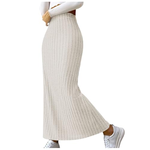 duxyoz Women Knitted Long Maxi Skirt Solid Color High Waist Ribbed Knit Bodycon Elegant Pencil Skirts Slim Fit Stretch Midi Skirt Plain Casual High Rise Flare Wrap Dress Pull On 01 Beige M