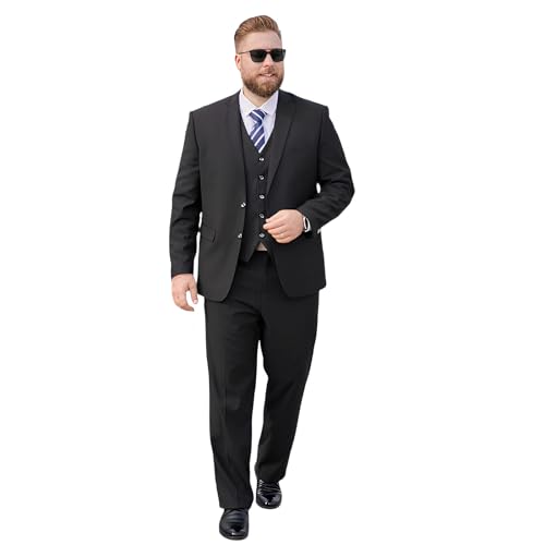 PZUYBZQ 3-teiliger Anzüge Für Herren In Übergrößen, Anzug In Volltonfarbe Mit 2 Knöpfen, Business-Hochzeitsanzug Mit Jacke Weste Und Hose(Black,4XL)