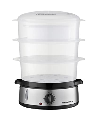 Elite Gourmet Maxi-Matic Electric Food Vegetable Steamer with BPA-Free 3 Tier Stackable, Nested Basket Trays, Auto Shut-Off 60-min Timer, 800W, 9 Quart, Stainless Steel