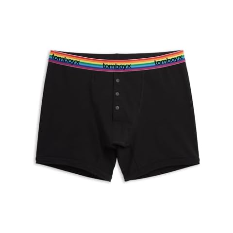 TomboyX 6" FTM Pouch Front Packing Boxer Briefs with Fly, Cotton Underwear - Medium/TomboyX Black Rainbow Logo Cover