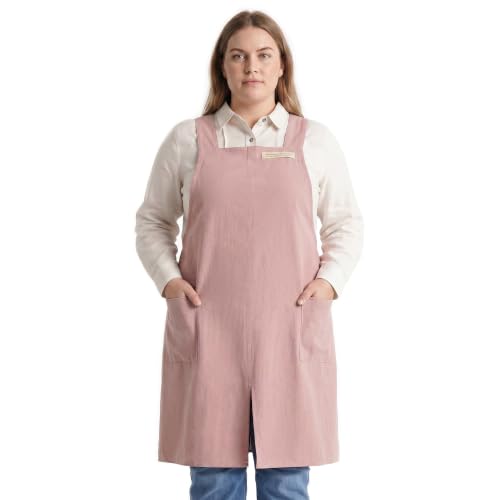 Image of Pink Plus Size Cross Back No Tie Pure Cotton Apron with 2 Pockets