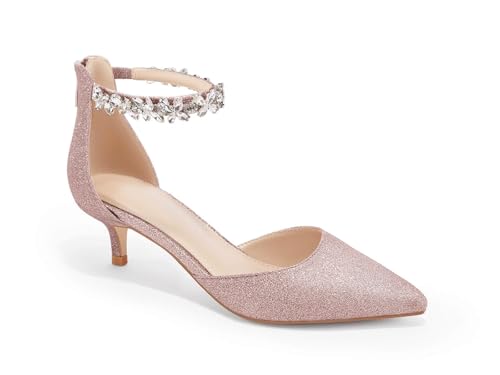 Image of Women's Wedding Rhinestones Low Kitten Heels Pumps Pointed Toe Dress Evening Shoes for Women Bridal Bride, Bright Pink, Size 10
