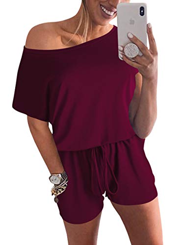 Anrabess Women Off Shoulder Short Sleeve Elastic Waistband Crew Neck Jumpsuit Rompers 204Jiuhong-M #TOP1