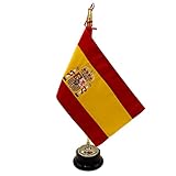 Fabricado en España Bandera españa Bordada sobremesa 15x25 Cintas Raso para despacho Bordado Dorado a una Cara Mástil Elegante clásico Madera 42cm Alto Dorado