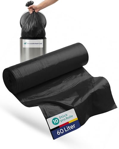 Inoverse 100 Stück(10 Rollen) Müllsäcke 60 Liter, Reißfest Müllbeutel, Abfallsäcke, 60x80 cm Schwarze Müllsack, Mülltüten aus Recycling LDPE