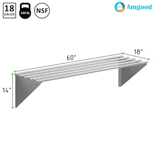 Image of AmGood 18 in. x 60 in. NSF Stainless Steel Tubular Wall Shelf | Heavy-Duty Metal Shelving for Appliances & Equipment | Ideal for Kitchen, Restaurant, Garage, Laundry, Utility Room