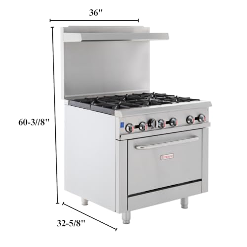 36" Freestanding Natural Gas Range | Cooking Stove with Single Standard Oven and (6) Cast-Iron Open Burners for Kitchen Restaurant | 211,000 BTU | 36"W x 32-5/8"D x 60-3/8"H, Stainless Steel