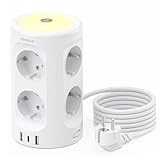 Prise 11 en 1 avec veilleuse : cette multiprise dispose de 3 ports USB et de 8 prises Schuko, permettant de recharger 11 appareils simultanément. Son boîtier en forme de tour est esthétique et permet de gagner de la place sur votre bureau.