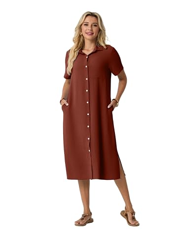 HiMONE Women’s Button Down Shirt Dress Casual Short Sleeve Collared Midi Dress Loose Fit Summer Beach Cover Up with Pocket — view 5