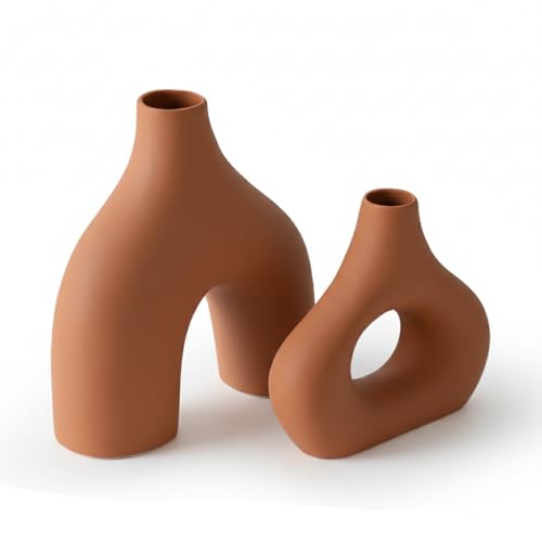 Image of PUREZENTO Abstract Brown Ceramic Donut Vase 5.4 & 7.7 Inch - Set of 2 | Decorative Unique Modern Vase for Dried Flowers & Pampas Grass | Vases for Modern Home Decor, Living Room, Office Decor Ideas