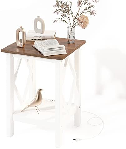 3imothrix End Table with Charging Station, Side Table with USB Ports and Outlets, Nightstand, 2 Tier End Table with Storage Shelf for Living Room, Bedroom (White, Nightstand)