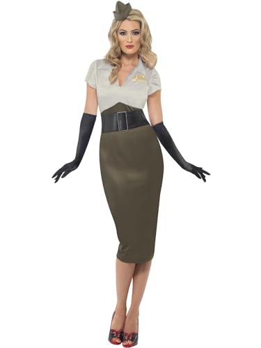 Smiffys Costume sexy de pin-up de l'armée 2ème guerre mondiale, vert et khaki, robe et coiffe Halloween, Carnaval