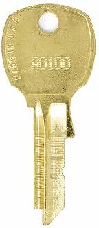 A brass replacement key with 'MADE IN U.S.A.' and a code (e.g., A0100) stamped on its head, illustrating a typical key design.