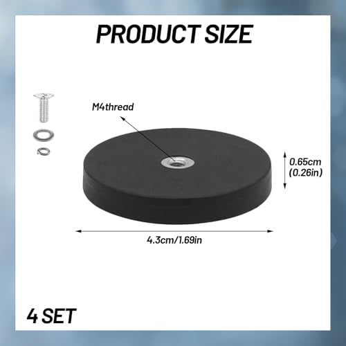 Menibeuty 4 Stück Starker Magnet mit Gewinde Ø22mm, Magnetischer Montagesockel Gummiert mit M4 Schrauben & Unterlegscheiben, Neodym Magnetfuß Anti-Rutsch für Fahrzeuge, Kamera, Haftkraft 3,5kg