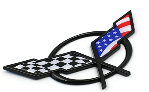 Image of Front Nose Cross Flags Emblem Car Badge Replacement for 97-04 Corvette C5 Chevrolet Decal 19207384 19207385 (Front - w /Alignment Pins) (US Flag-Black /Blue)