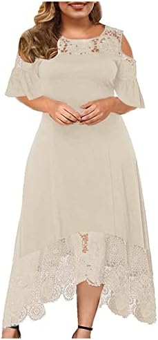 FWFLYAWAY Plus Size for Women,Cold Shoulder Wedding Guest Lace Swing Dress,Spring Summer Retro Knee Length Formal Evening Prom Cocktail Midi Dress Mother of The Bride（Z-Beige,3X-Large）