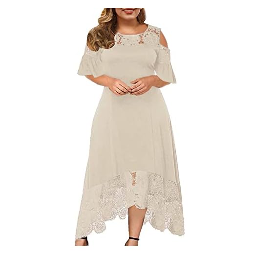 Plus Size for Women,Cold Shoulder Wedding Guest Lace Swing Dress,Spring Summer Retro Knee Length Formal Evening Prom Cocktail Midi Dress Mother of The Bride（Z-Beige,XX-Large）