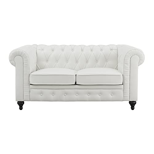 Naomi Home Emery Chesterfield Leather Loveseat, Mini Sofa Sleeper Loveseat, Small Sofa Bed With Rolled Arms, Tufted Cushions 2 Seater Sectional Small Loveseat For Small Spaces, Living Room White #TOP5