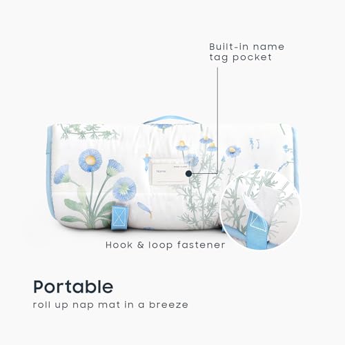 Image of Wake In Cloud - Toddler Nap Mat with Pillow and Blanket, 100% Cotton Fabric, for Kids Girls Ages 3 Plus in Daycare Kindergarten Preschool, Sleeping Bag, Botanical Flowers