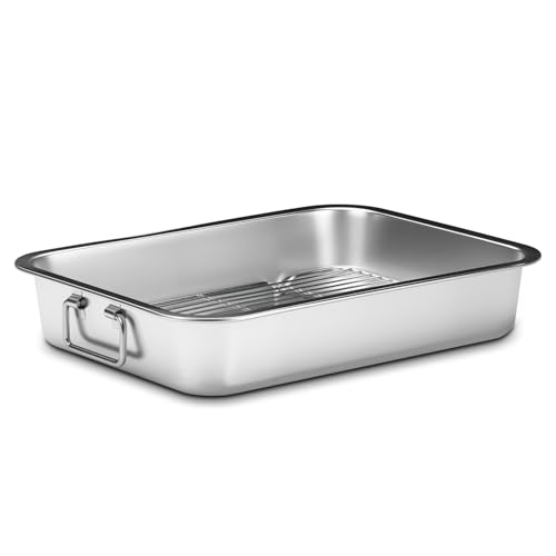 Stainless Steel Turkey Roasting Pan with Rack & Handles Heavy Duty Food-Safe Turkey Pan Dishwasher Safe Perfect for Cooking Turkey and Steak for Thanksgiving and Christmas (Standard)