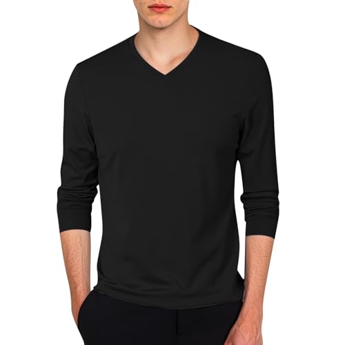 Camiseta de manga larga para hombre con cuello de pico, manga larga, ajustada, elástica, manga larga, informal, cuello de pico, camiseta interior de algodón, para el tiempo libre, suave y básica, O