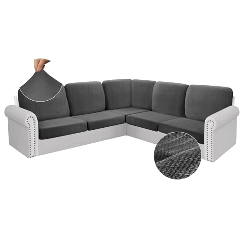 Arfntevss Sectional Couch Covers L Shape 5 Seat Couch Cushion Covers Fitted Stretch Corner Sectional Sofa Cover for Dog 11-Piece Soft U Shaped Furniture Protector (5 Seat 6 Back Cushion, Dark Gray)