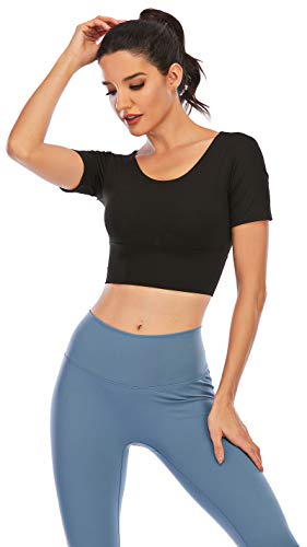 Image of Ecupper Womens Short Sleeve Sport Crop Top Strappy Padded Backless Yoga Top Workout Fitness Shirt