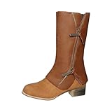 Botas mediados de pantorrilla para mujer con tacón de bloque de punta redonda de piel sintética retro de moda botas de vaquero con cremallera zapatos de mujer casual otoño invierno, marrón, 36 EU