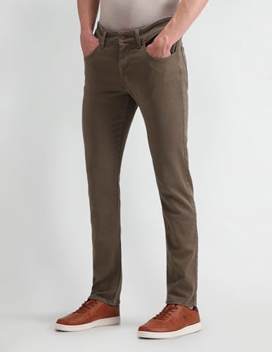 Image of Men's Light-Brown Solid Mid Rise Dark Button Stretchable Cotton 1050 Men's Jeans (UDJEN1290 Light-Brown 30)